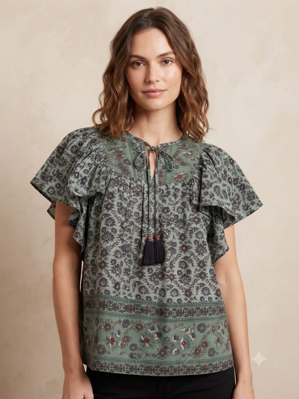 Sea NY Sage Green Floral Silk Tassel Ruffle Sleeve Top Boho Peasant